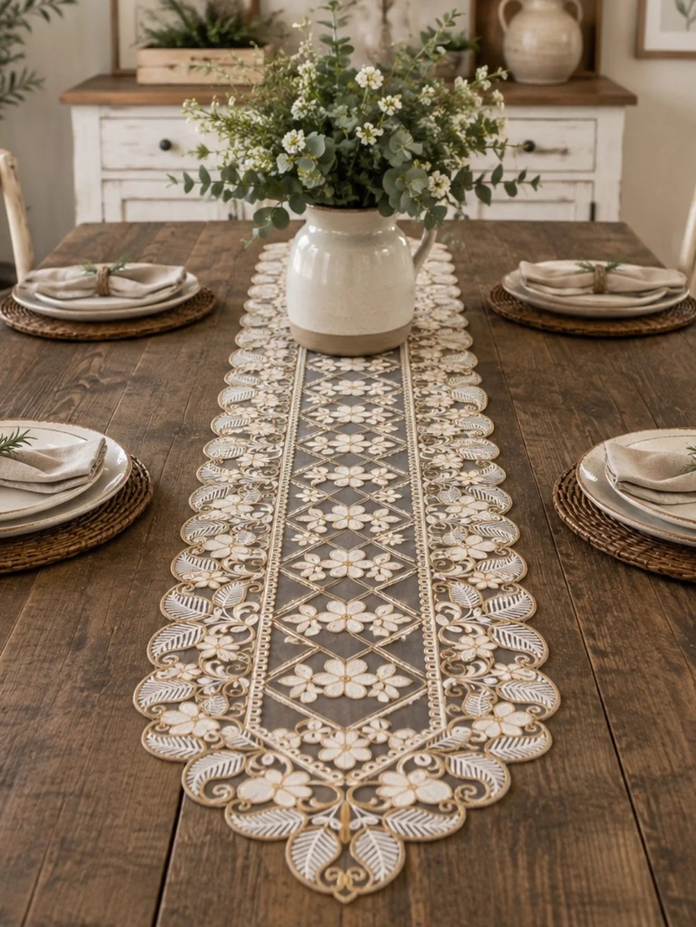 Elegant Beige Floral Lace Table Runner - Home Dining